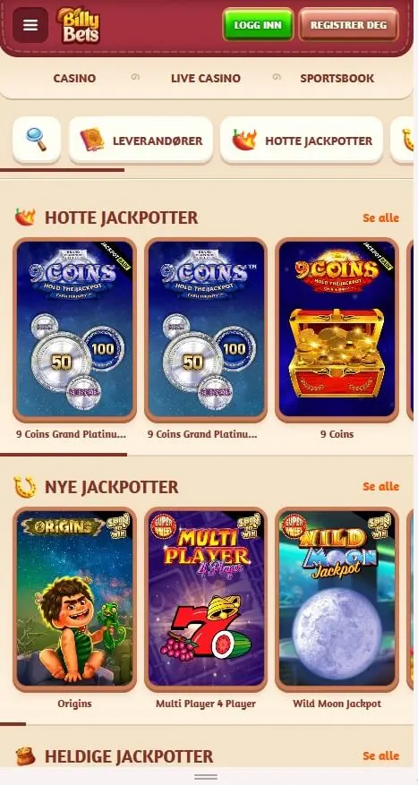 Mobilversjon hos BillyBets