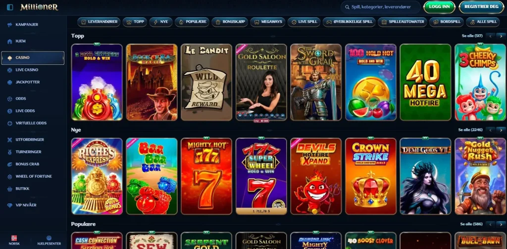 Spillutvalg hos Millioner Casino