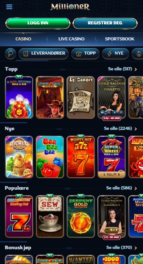 Mobilversjon hos Millioner Casino